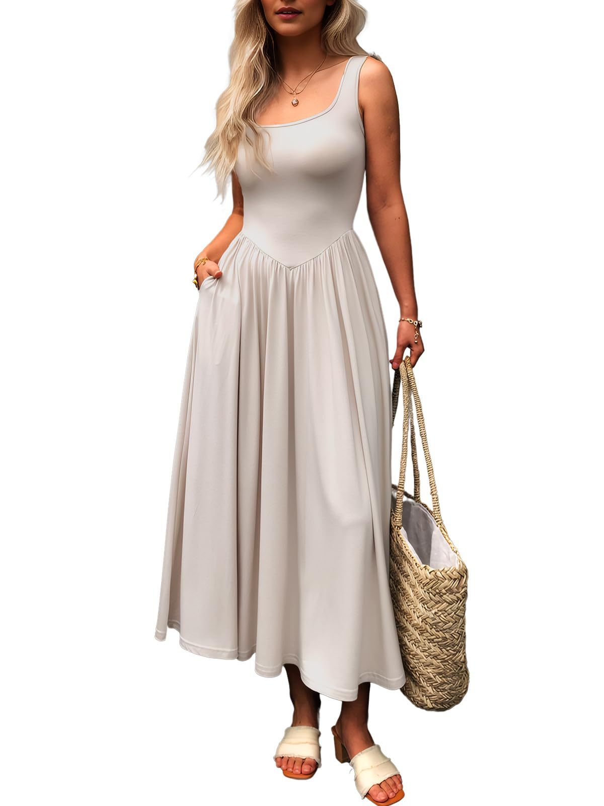Square Collar Pleated Dress with Modern Sling Silhouette-Apricot-Theone Apparel