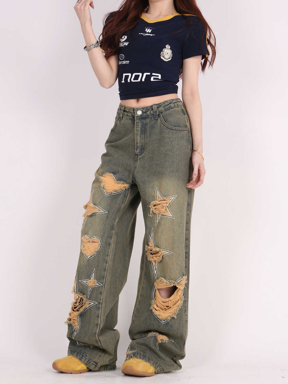 Tattered Wide-Leg Jeans with Retro Love Patchwork-Theone Apparel