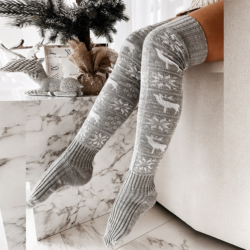 Thigh High Christmas Themed Knit Style Socks in Red and White-Gray-Theone Apparel