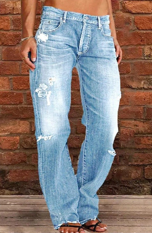 Unisex Loose Straight-Leg Ripped Denim Jeans for All Genders-Light Blue-Theone Apparel