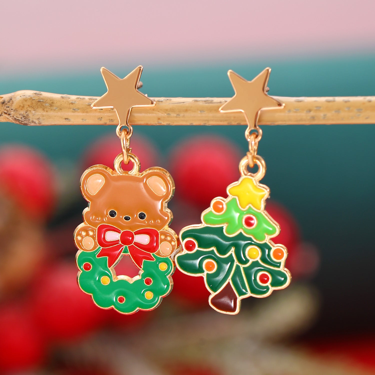 Whimsical Enamel and Metal Stud Back Christmas Themed Drop Earrings-Bear-Theone Apparel