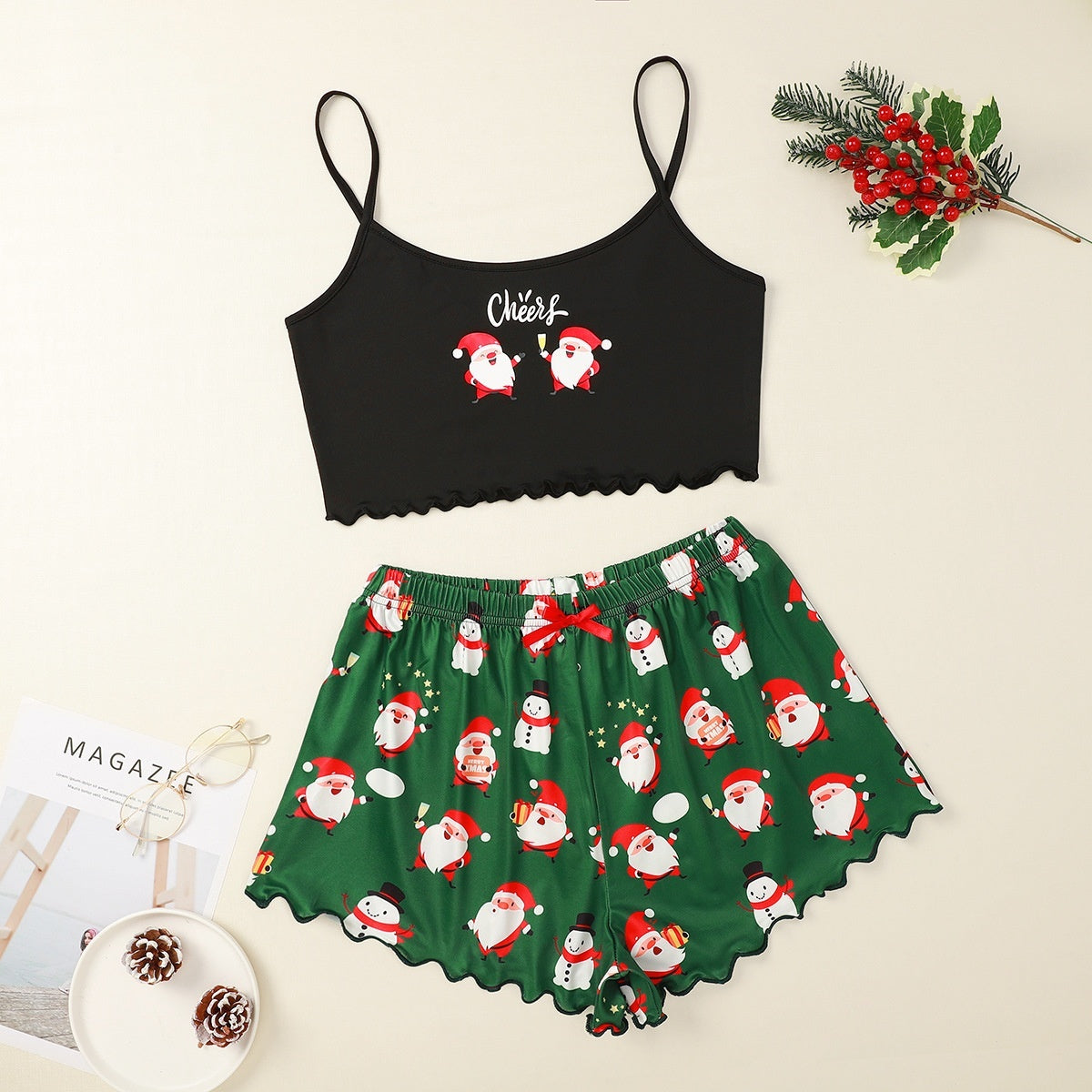 Women's Adorable Two Piece Christmas Pajama Crop Top and Shorts Set-Cheers-Theone Apparel