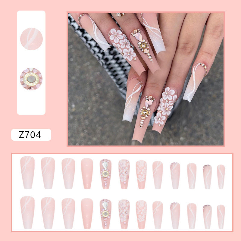 Women's Long Coffin Shape Fake Nails with Floral and Jewel Adornments-Flash GlueType-Theone Apparel