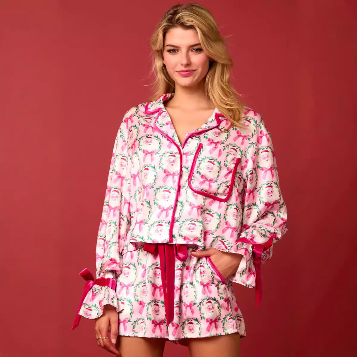 Women's Long Sleeve and Shorts Silky Christmas Pajamas-Theone Apparel
