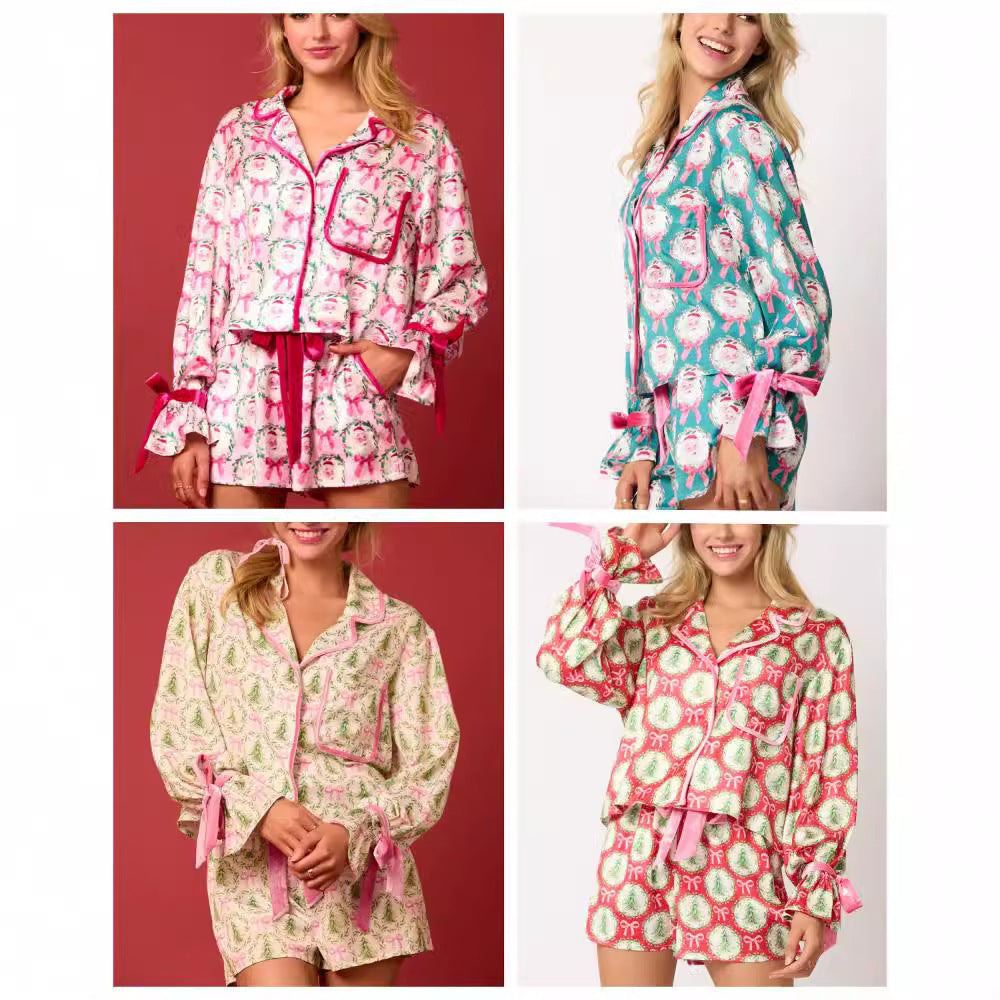 Women's Long Sleeve and Shorts Silky Christmas Pajamas-Theone Apparel