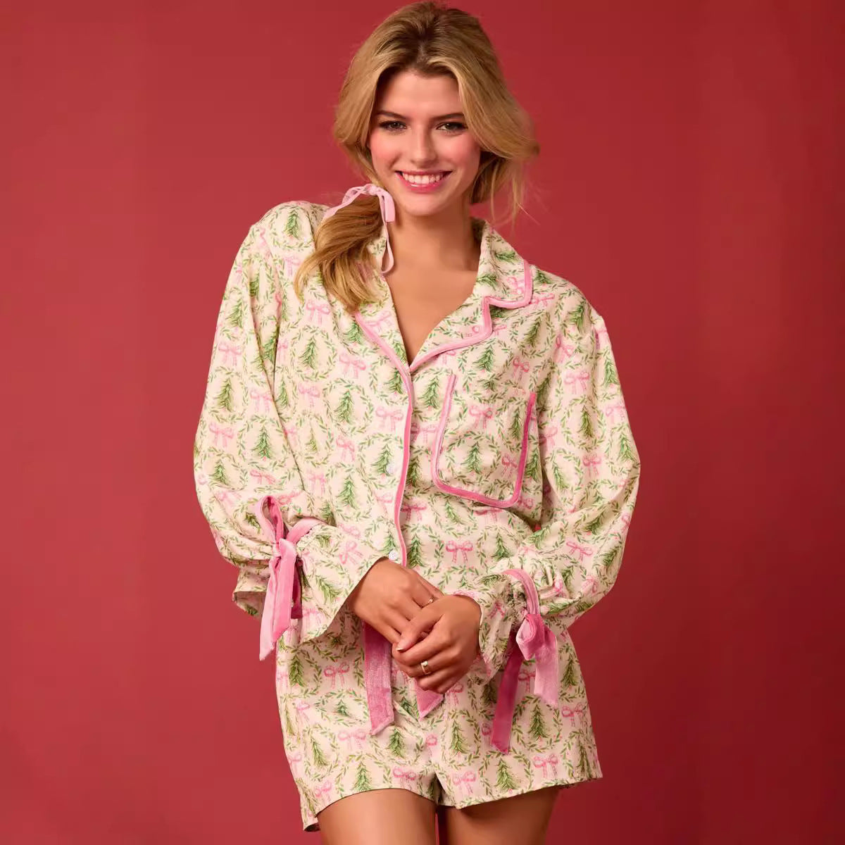 Women's Long Sleeve and Shorts Silky Christmas Pajamas-Theone Apparel