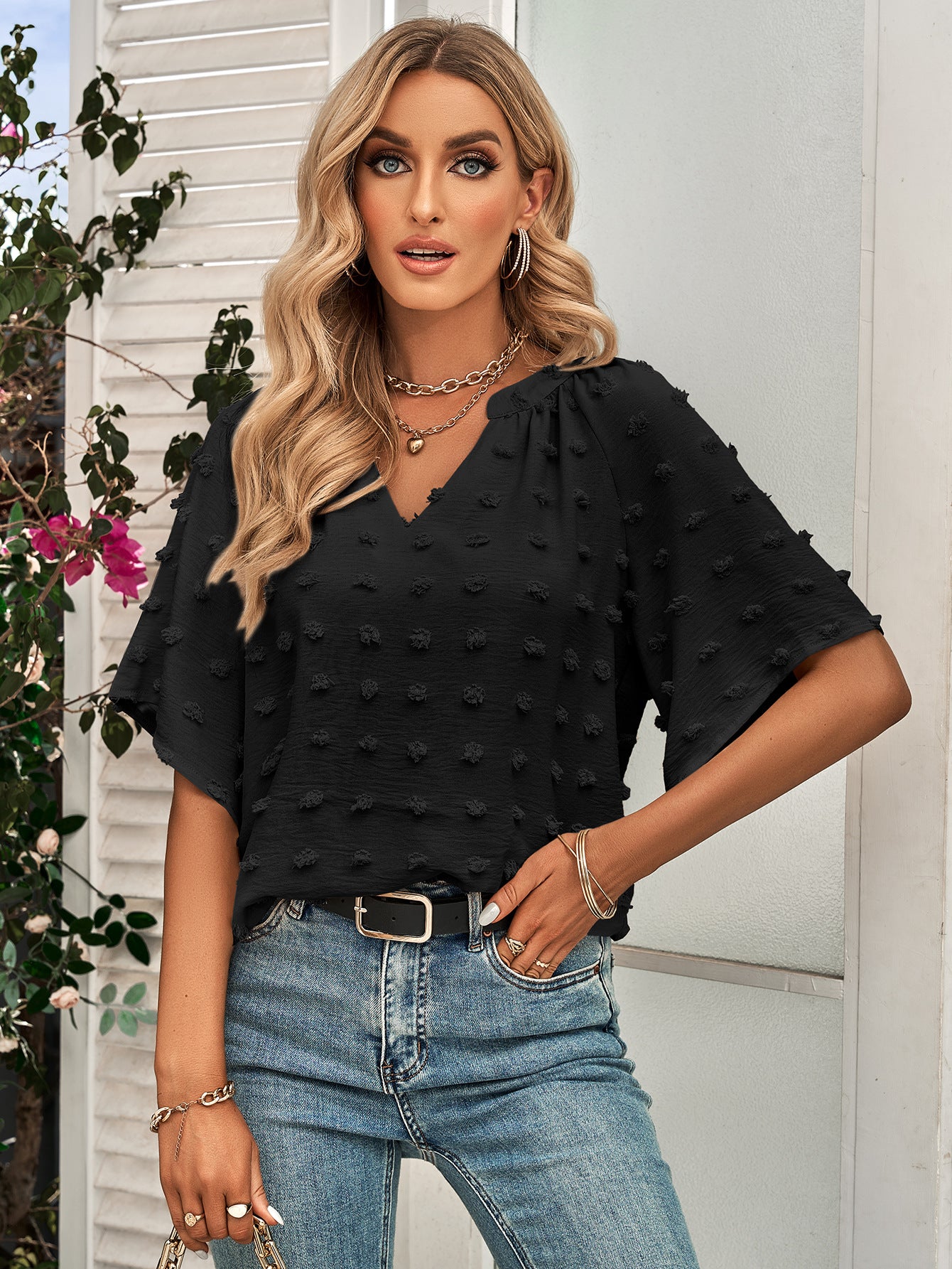 Women's Mock Neck Loose Short Sleeve Puffball Blouse-Black-Theone Apparel
