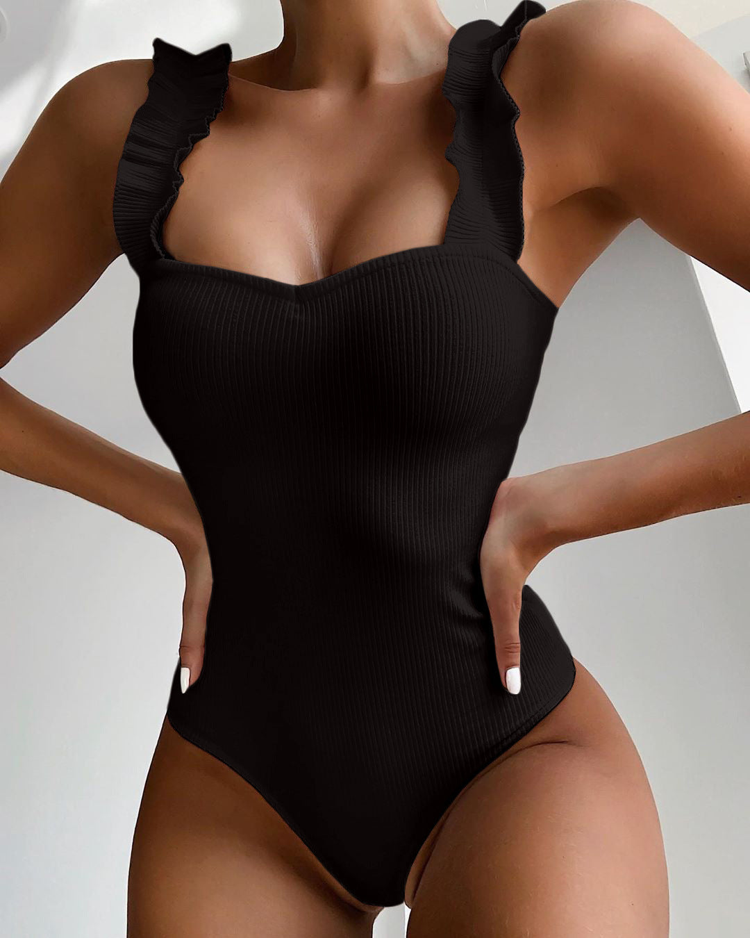 Women's One Piece Swimsuit with Ruffled Sleeves and Sweetheart Neck-Black-Theone Apparel