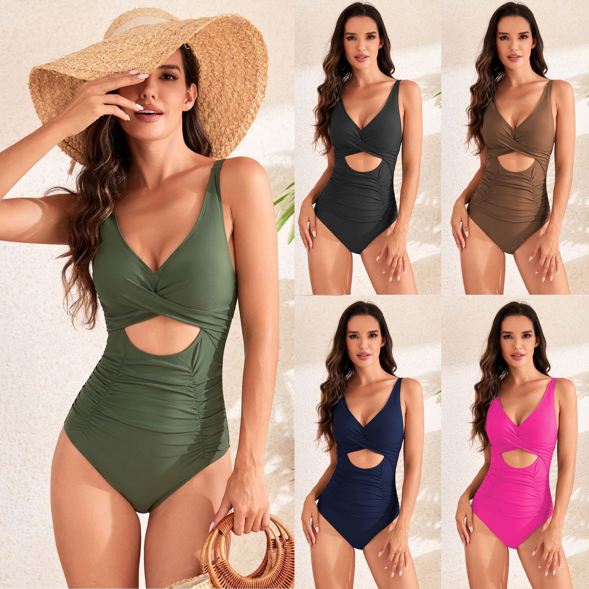 Women's One Piece Swimsuit with V-Neck and Keyhole Cutout-Theone Apparel