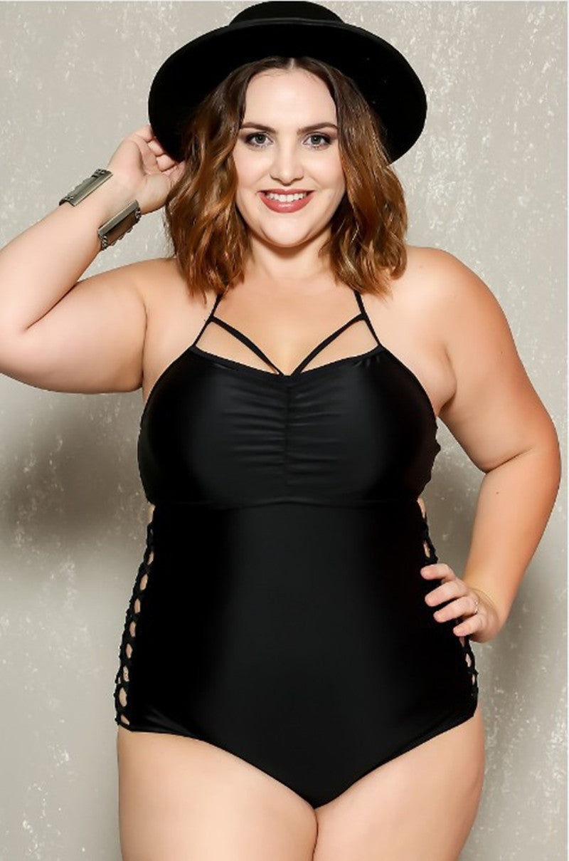 Women's Plus Size One Piece Swimsuit with Side Cutouts-Black-Theone Apparel