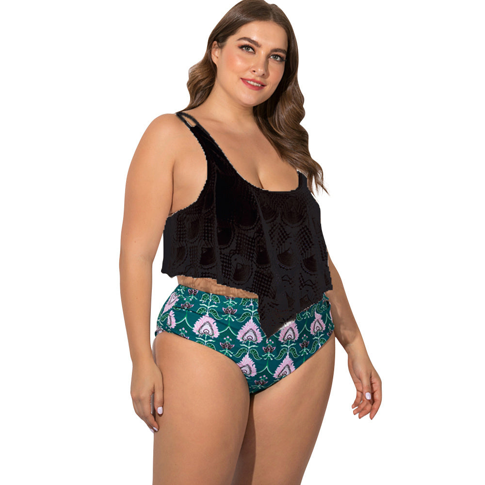 Women's Plus Size Two Piece Peach Themed Swimsuit-Black-Theone Apparel