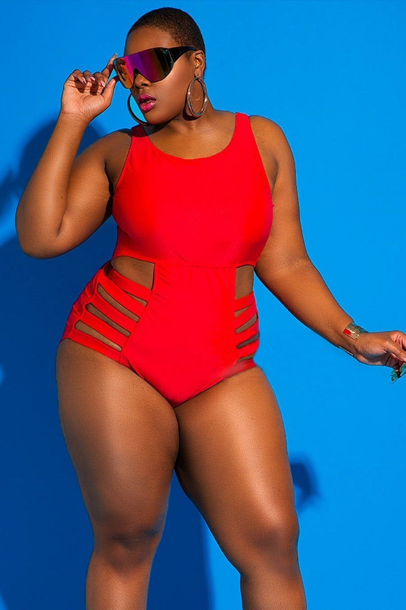Women's Plus Sized One Piece Swimsuit with Sheer Midriff-Red-Theone Apparel