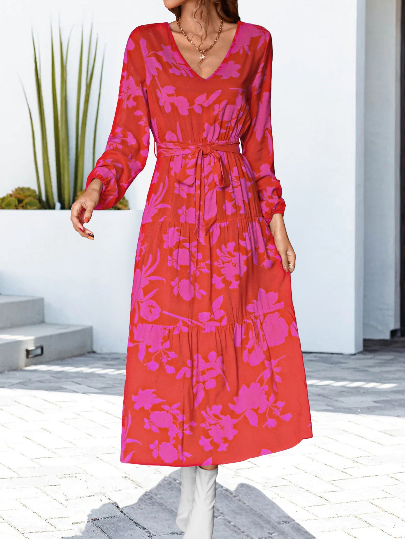 Women's Red and Pink Midi Wrap Dress with Long Sleeves-Theone Apparel