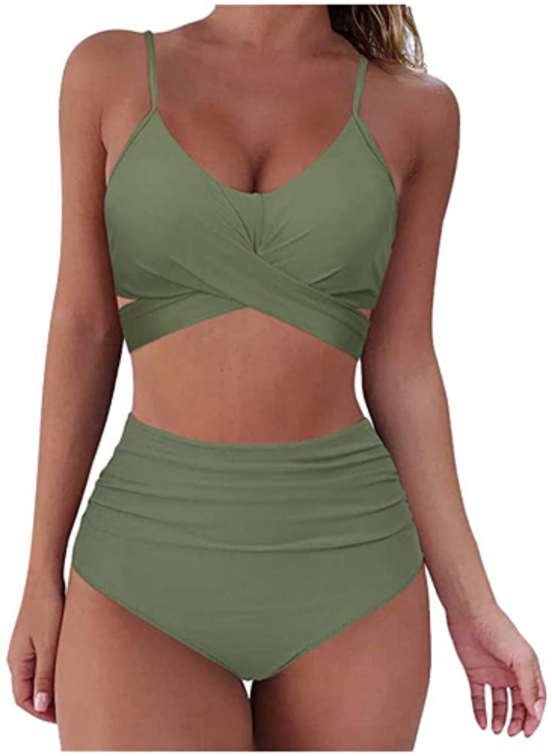 Women's Two Piece Bikini With High Waist Animal Print Bottoms-Green-Theone Apparel