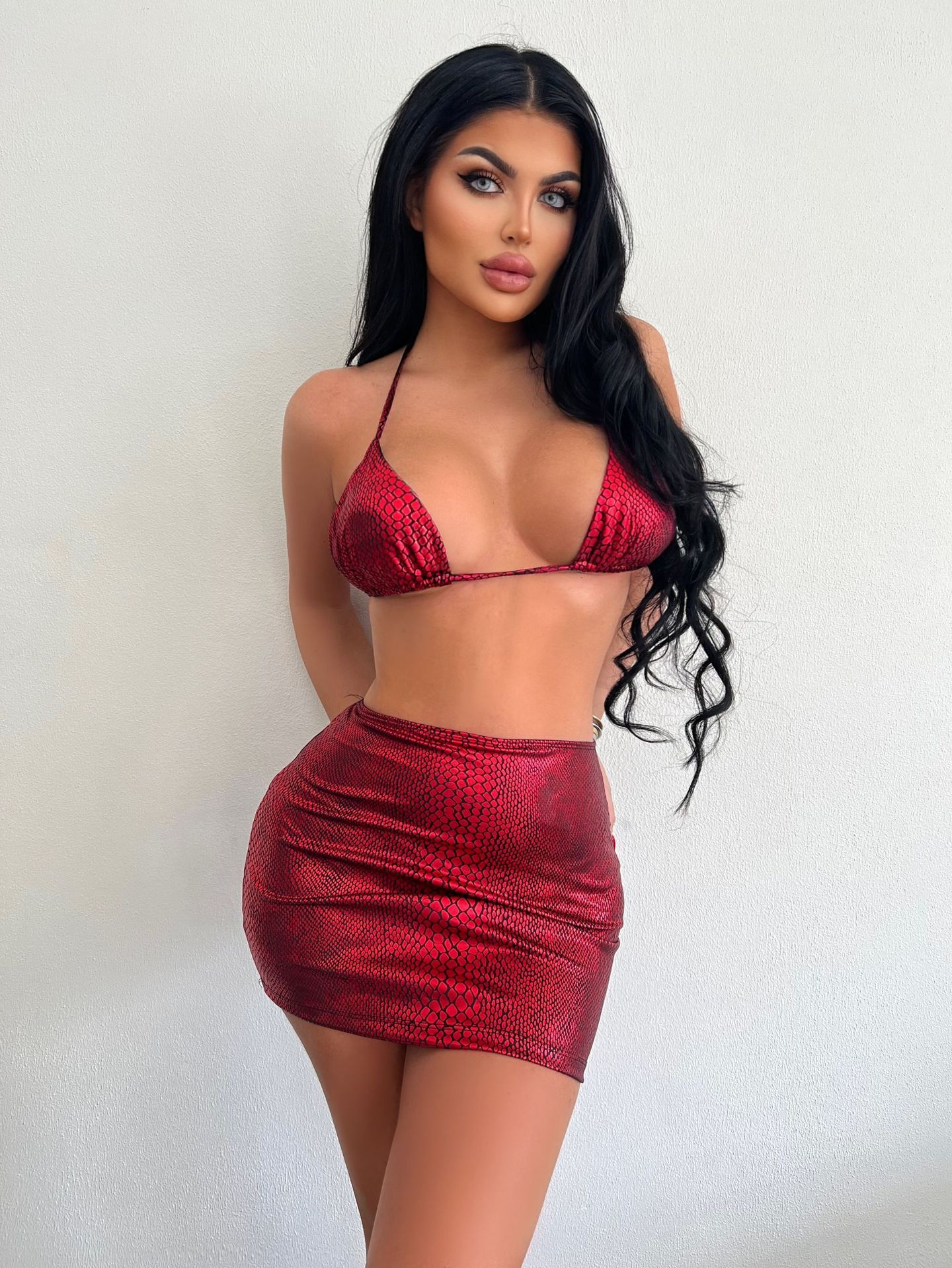 Women's Two Piece Mini Skirt and Bra Set-Red-Theone Apparel