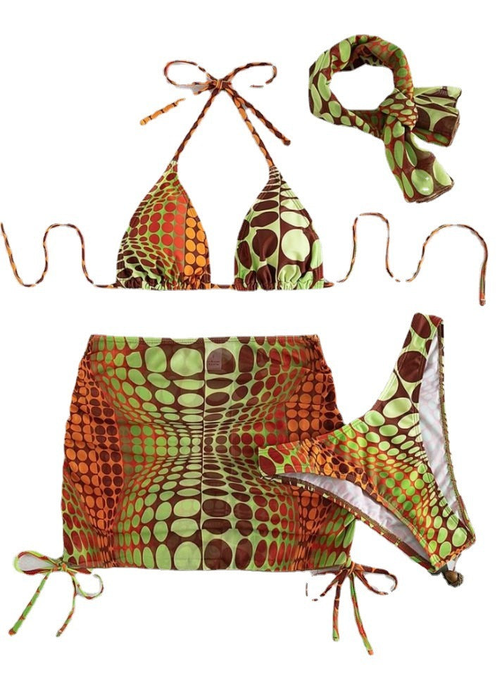 Women's Two Piece Retro Style Bikini Skirt Set-Orange/Green-Theone Apparel