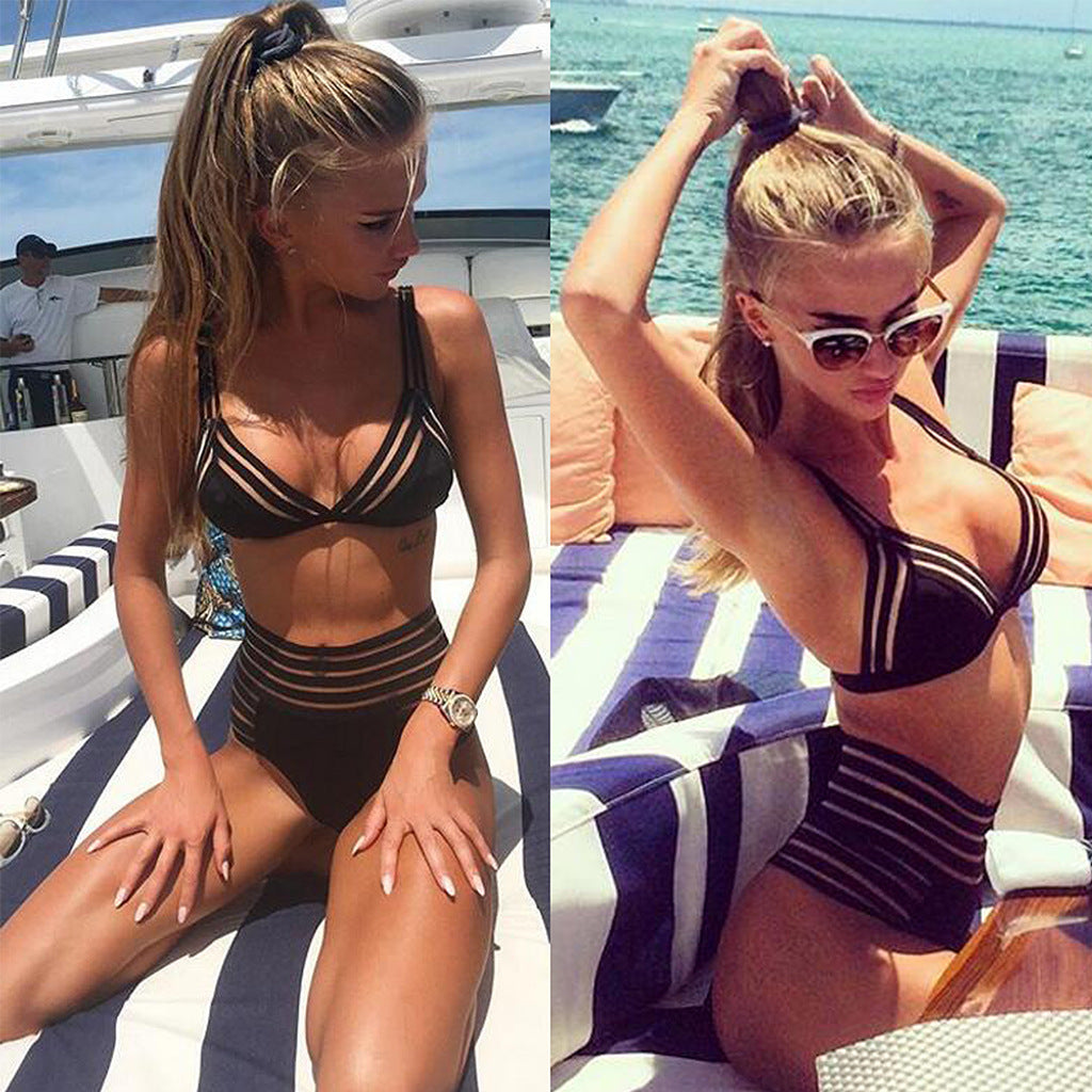 Women's Two Piece Solid Color Strappy High Waist Bikini-Theone Apparel