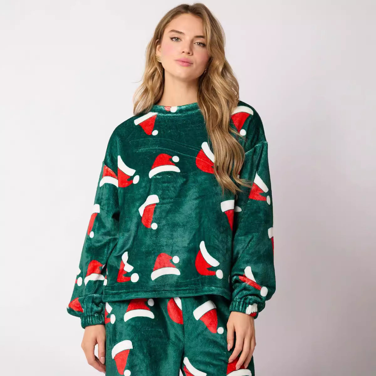 Women's Velvety Santa Hat Patterned Two Piece Pajama Set-Theone Apparel