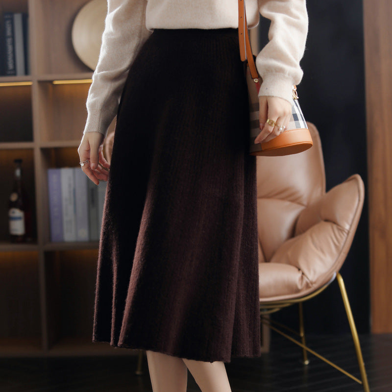 Wool Knitted Cashmere Pleated Skirt For Cozy Elegance-Dark Red-Theone Apparel