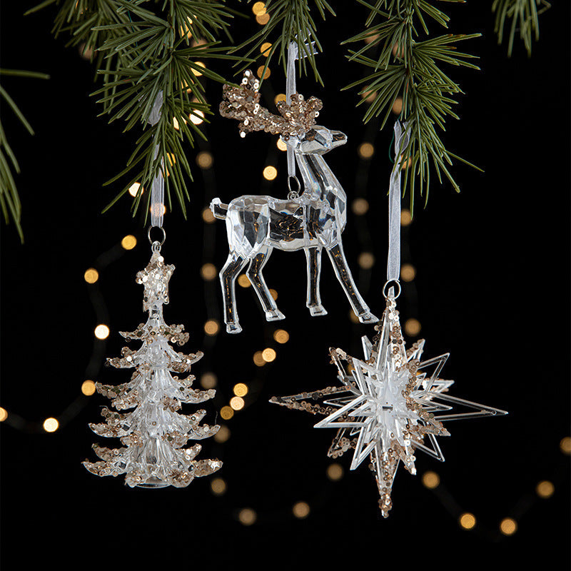 Elegant Sequined Clear Acrylic Hanging Ornament Decorations with Ribbon