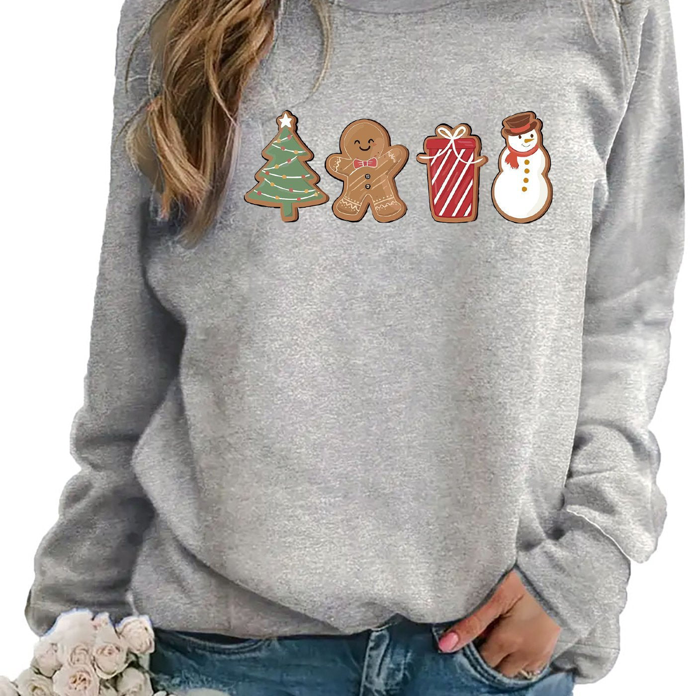 Snowman And Gingerbread Man Printed Sweater Comfortable And Casual