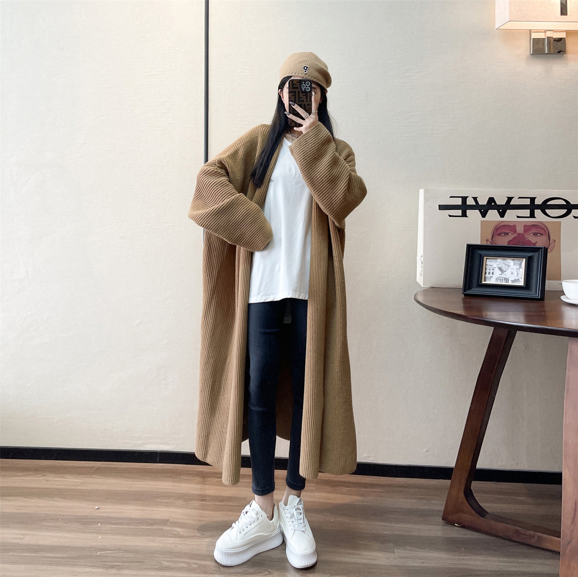 Solid Color Lazy Style Loose Mid-length Sweater Coat Women's Fashion