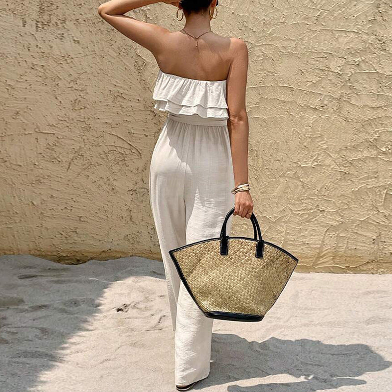 Women's Summer Sleeveless Tube Top Jumpsuit Ruffled Tied Jumpsuit