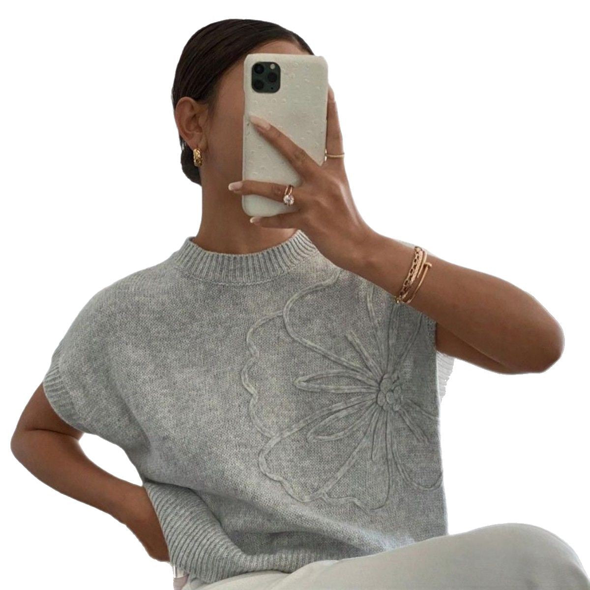 Women's Casual Solid Color Knitted Jacquard Top