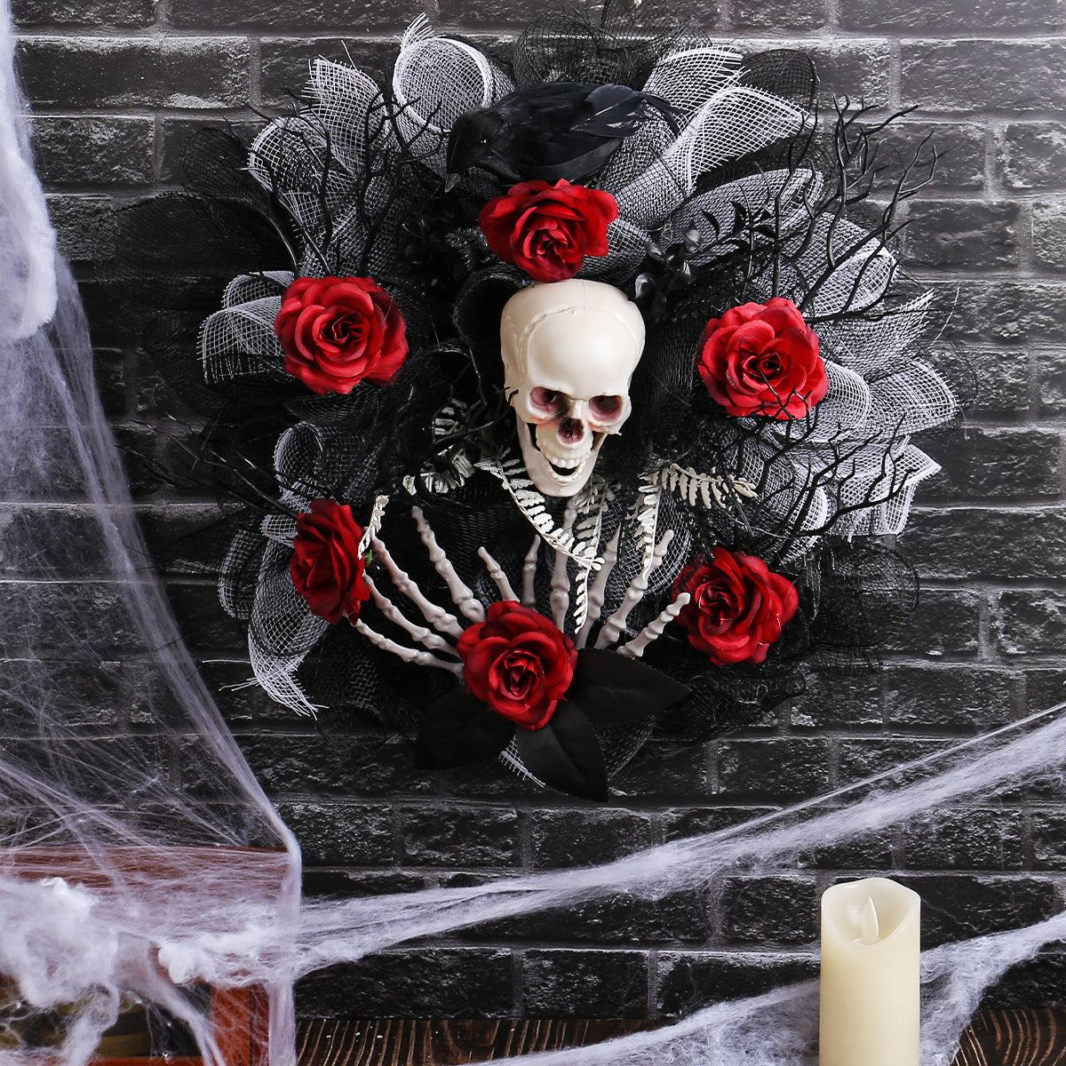 Skull and Roses Halloween Style Wreath in Red, Black and Gray