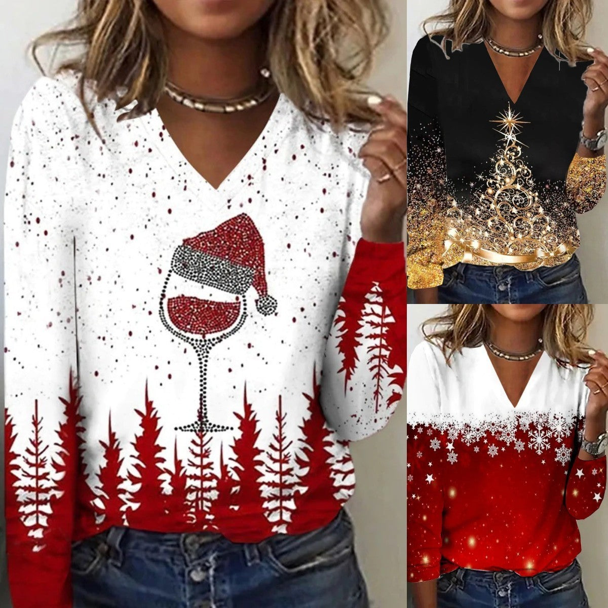 Women's Soft V-Neck Lightweight Christmas Shirt in Various Colors