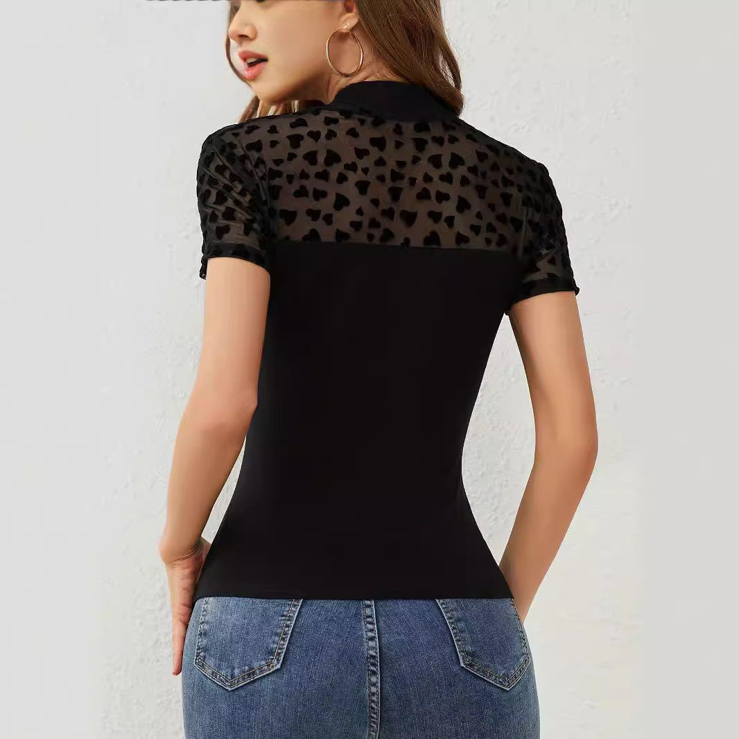 Heart Patchwork Mesh Short Sleeve Top For Women