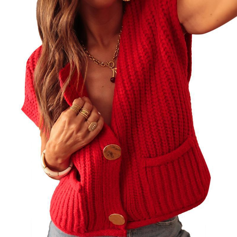 Solid-Color Textured Knitted Waistcoat With Side Pockets And Buttons