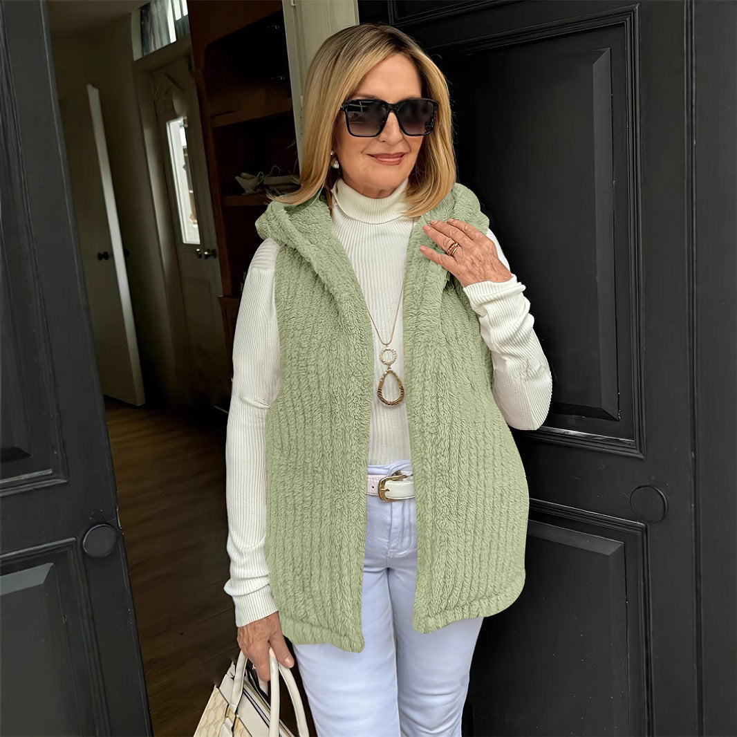 Women's Solid-Color Casual Fuzzy Hooded Vest Sleeveless Jacket