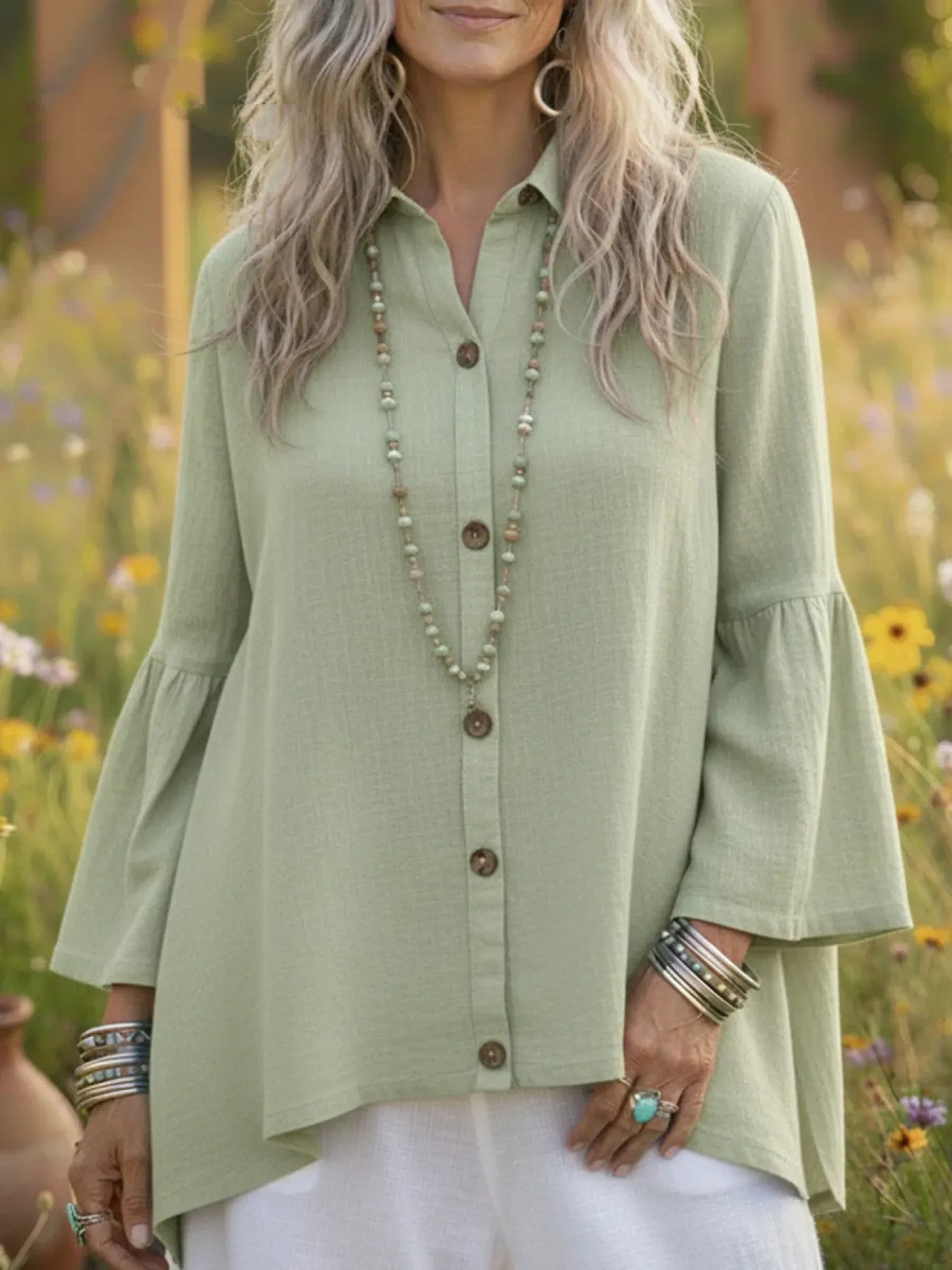 Women's Loose Solid-color Cotton-Linen Flare-sleeve Shirt