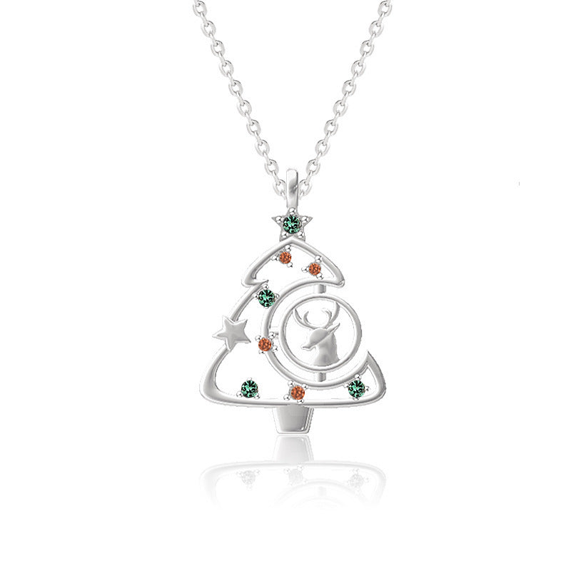 925 Silver Modern Reindeer Christmas Tree Cubic Zirconia Pendant Necklace in Assorted Finishes