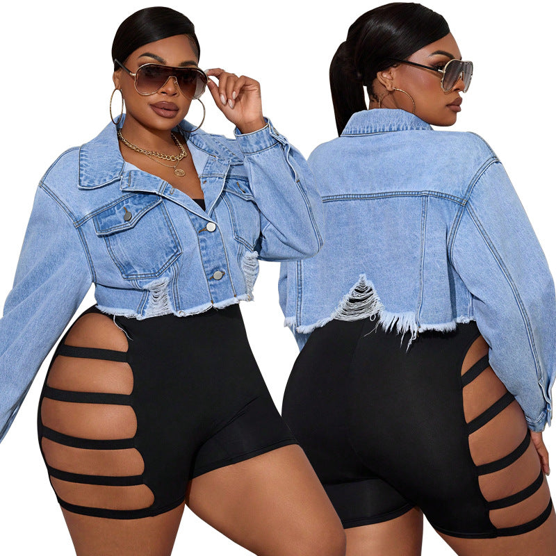 Women's Long-sleeve Ripped Denim Jacket