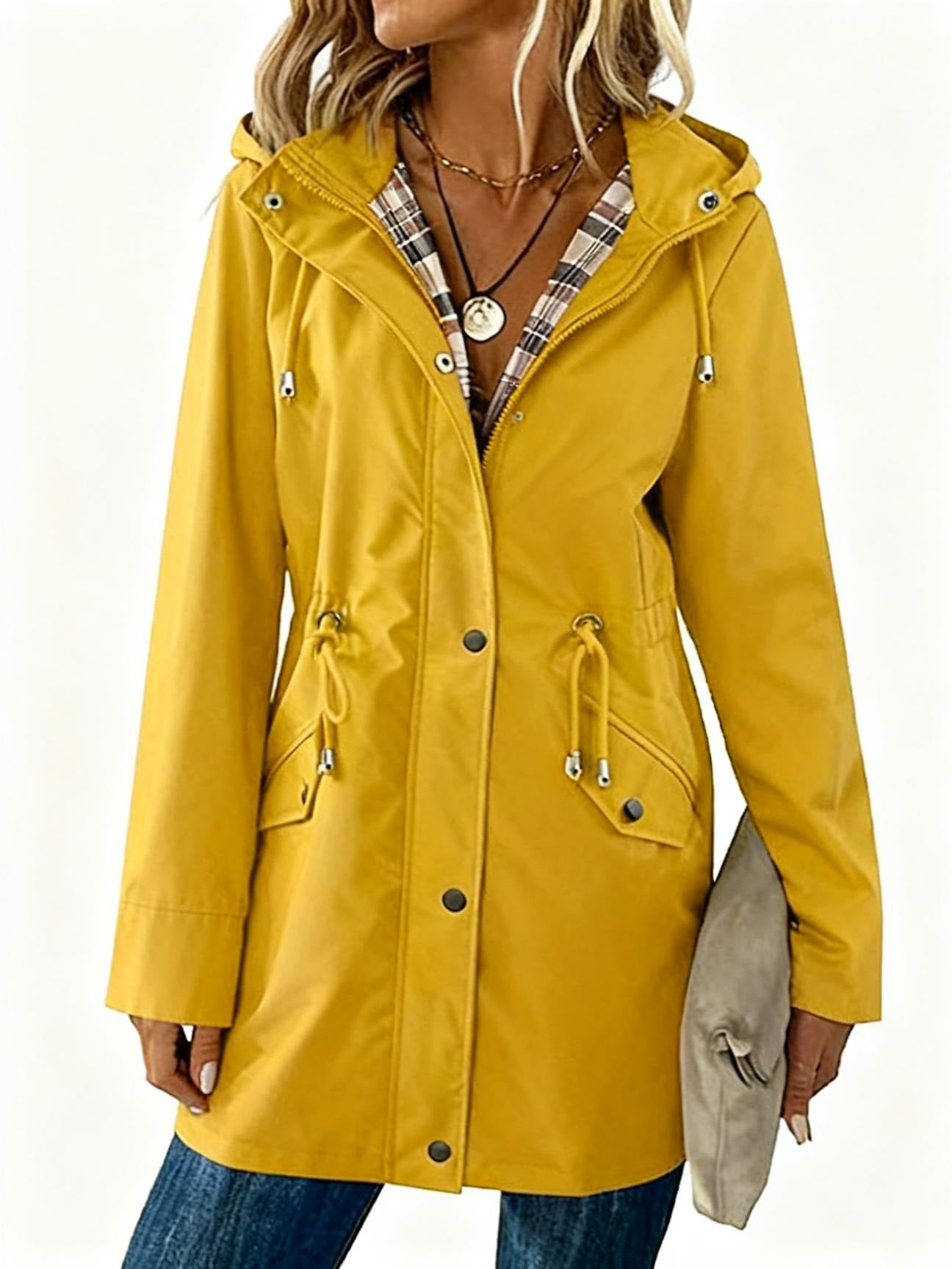 Ladies Hooded Drawstring Nipped-waist Plaid Coat