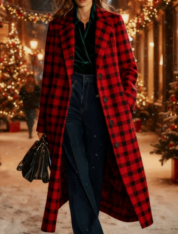 Plaid Casual Long Wool Coat