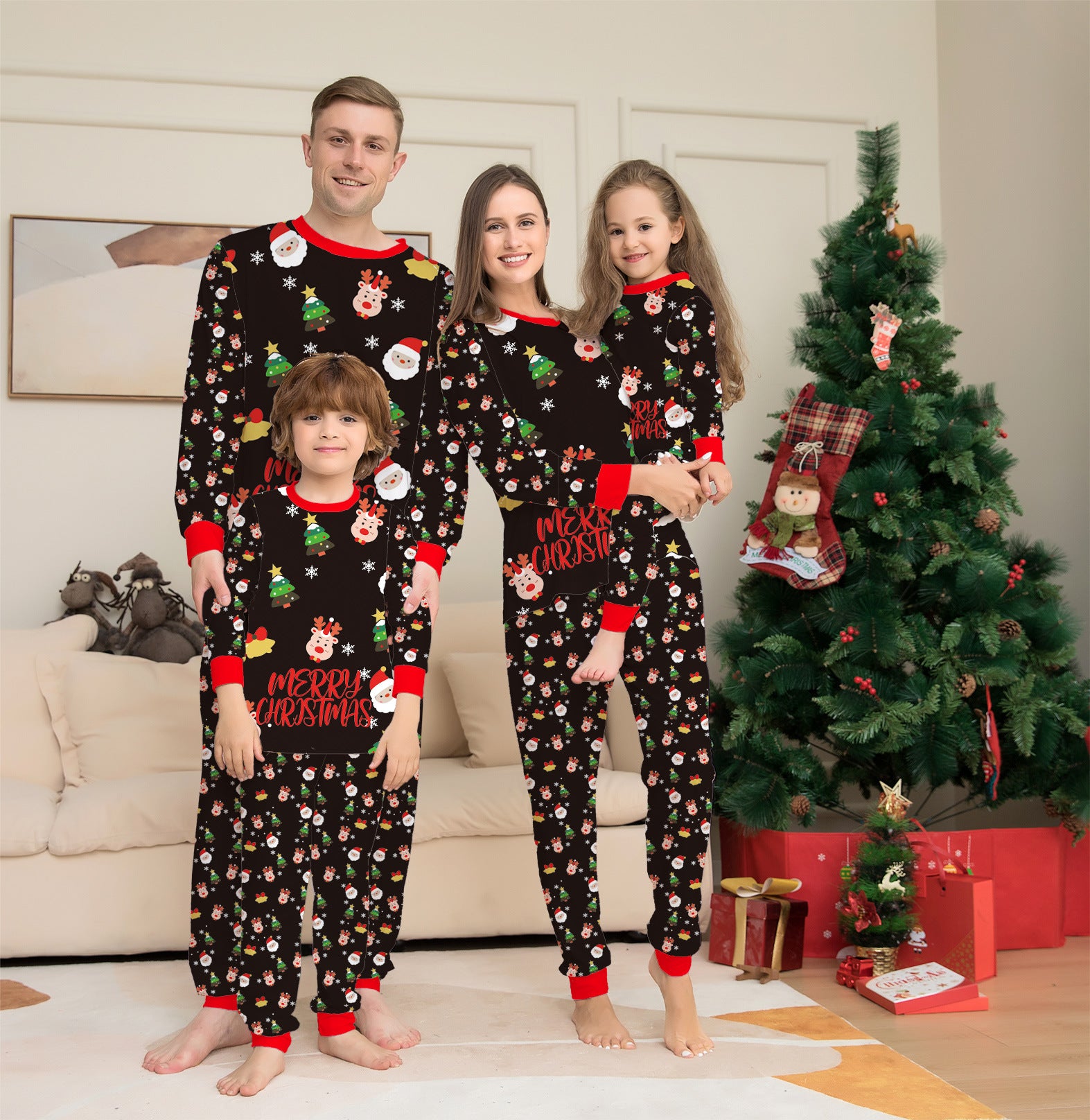 Cute Merry Christmas Red and Black Matching Family Pajama Set