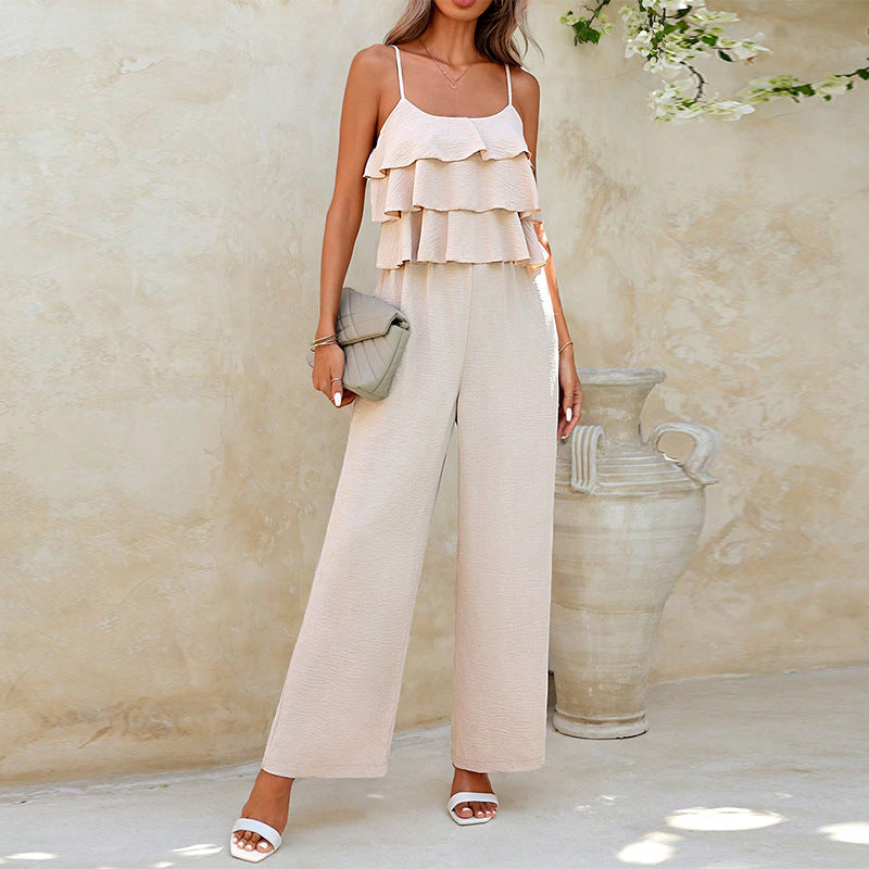 Ruffled Suspender Wide Leg Jumpsuit With Elegant Flowing Fit