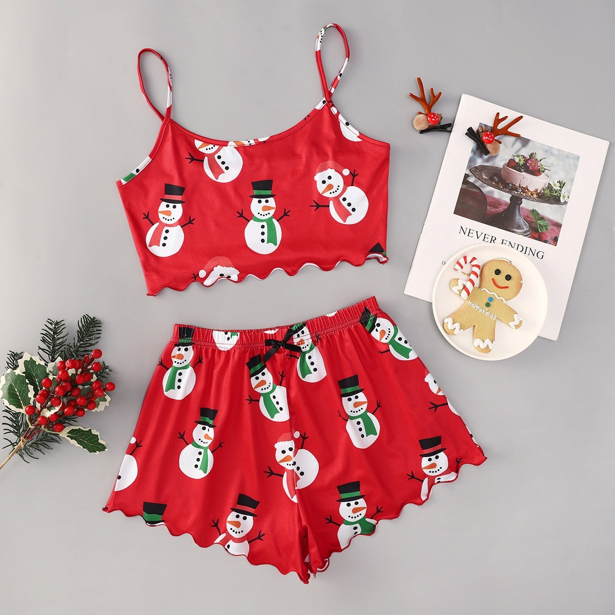 Women's Adorable Two Piece Christmas Pajama Crop Top and Shorts Set