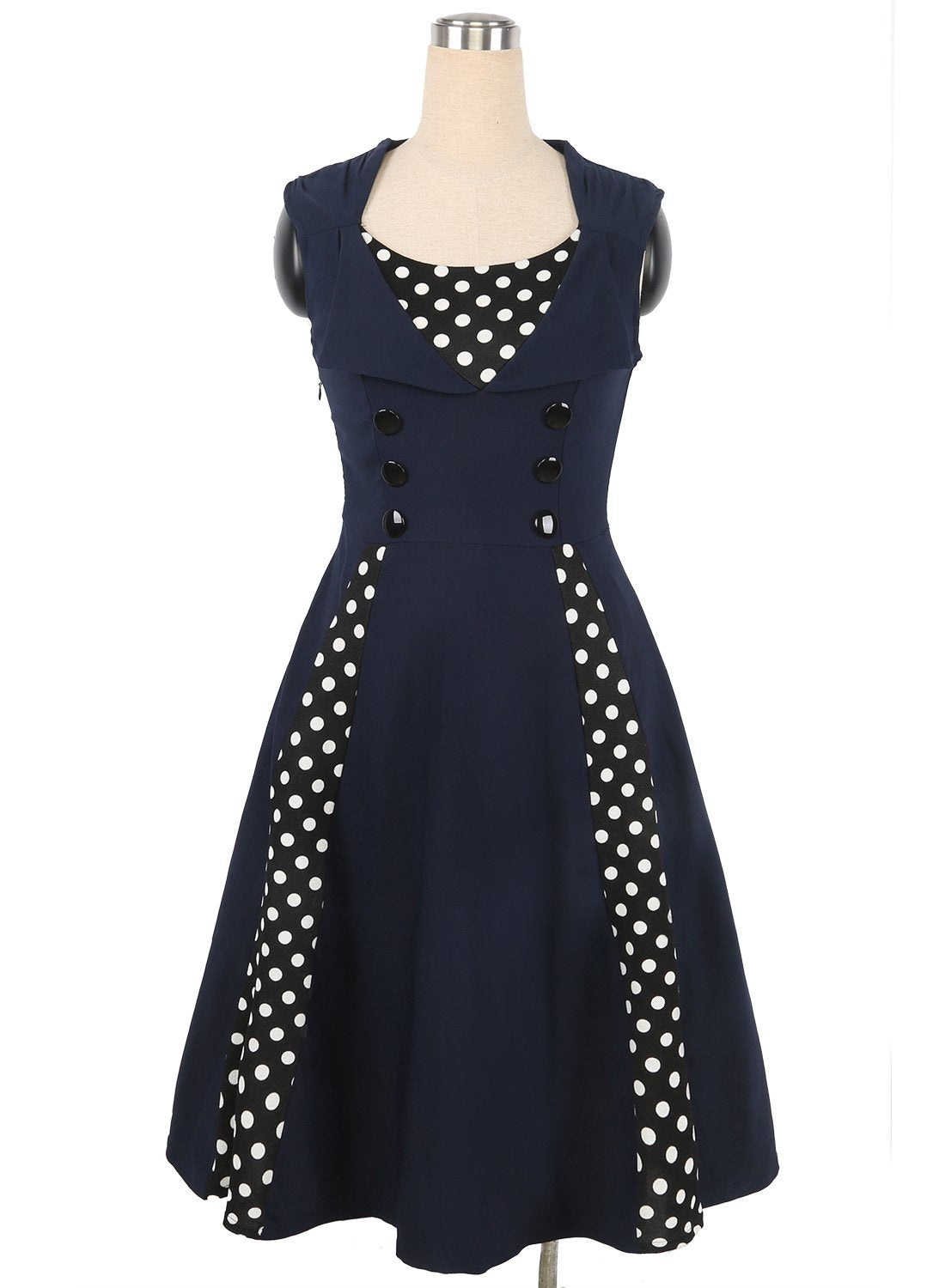 Polka dot contrast-knop-accent mouwloze jurk