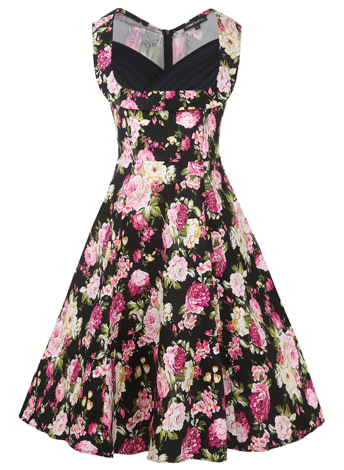 Floral Contrast Pleated Bodice Dress