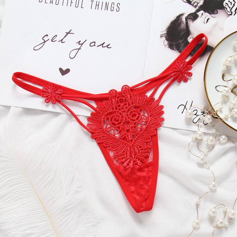 Transparent Embroidered Lace Style Cutout Thongs