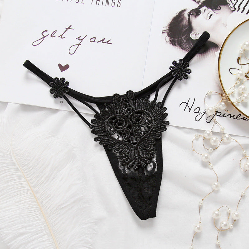 Transparent Embroidered Lace Style Cutout Thongs