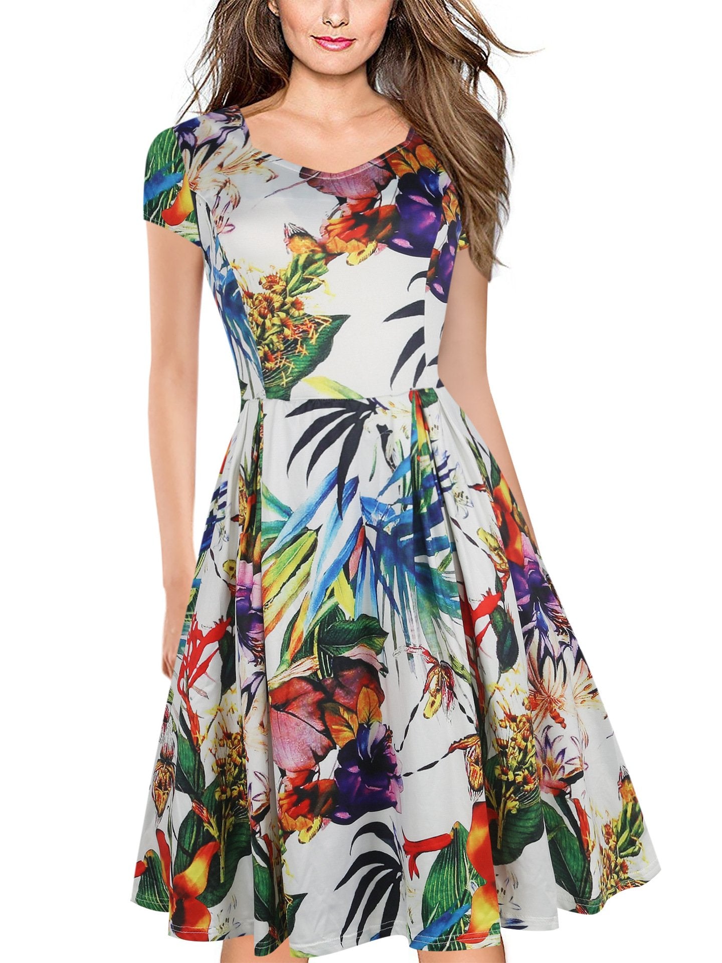 Floral Cap-Sleeve Sweetheart A-Line Dress