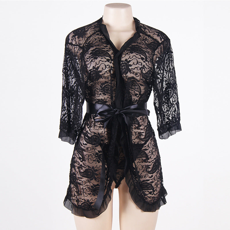 Plus Size Black Lace Tie Front Robe