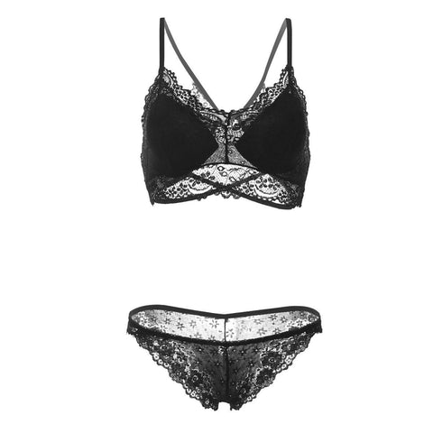 Crisscrossed Floral Lace Bra and Panty Set - Theone Apparel