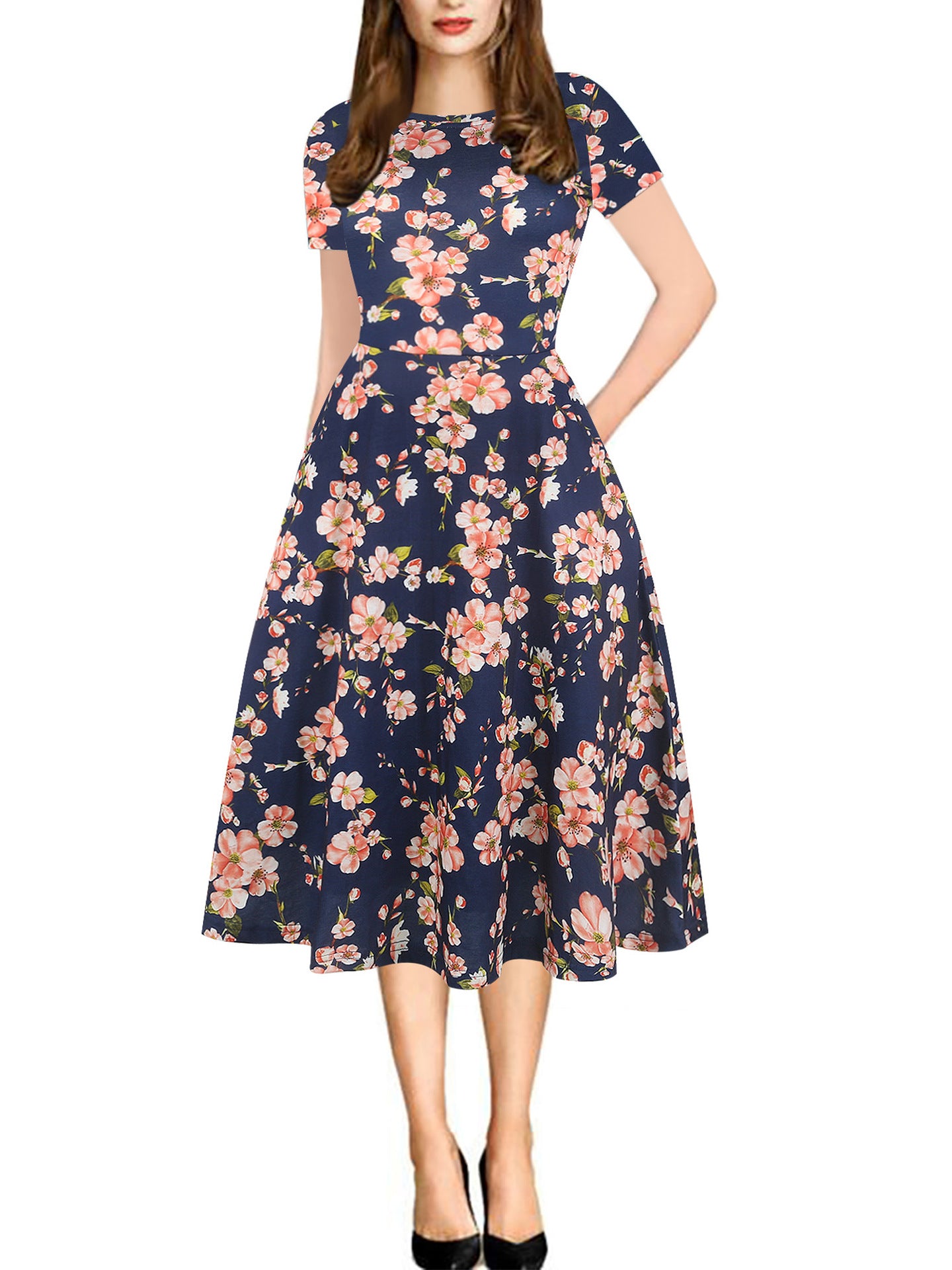 Print Short-Sleeve A-Line Midi Dress