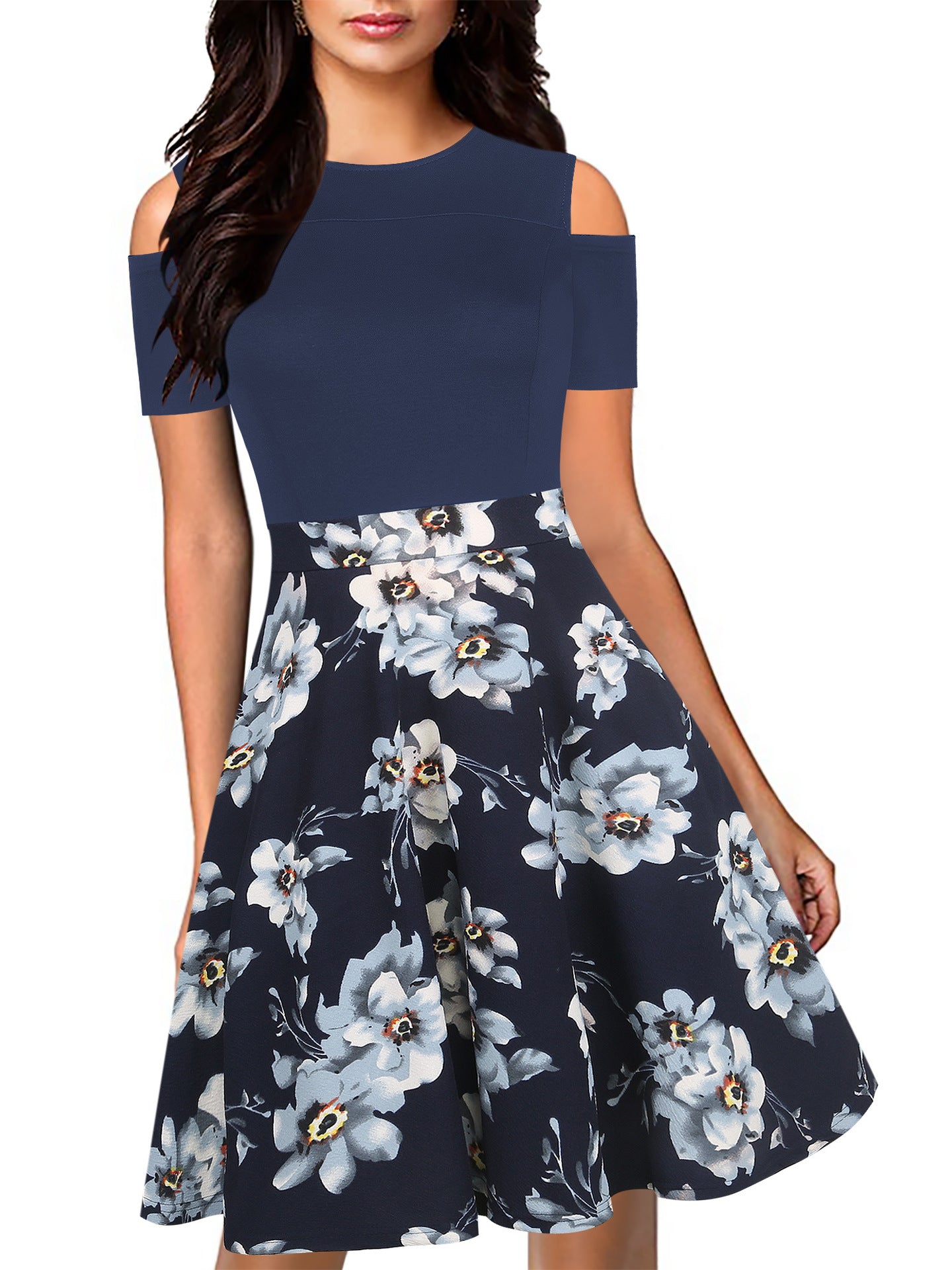 Shoulder-Cutout Printed Skirt A-Line Dress